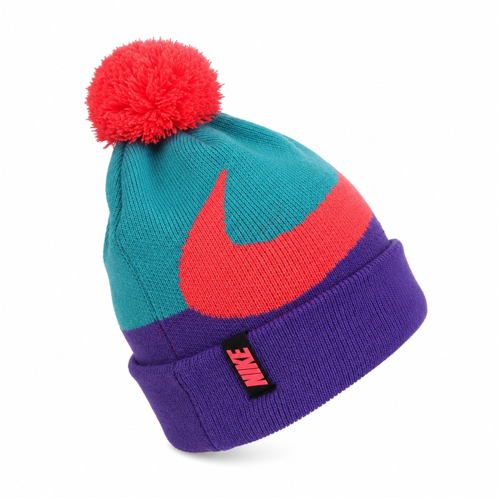 Nike Youth One Size Beanie Pom-Pom Knit Colorblock Purple Teal Pink Swoosh Logo